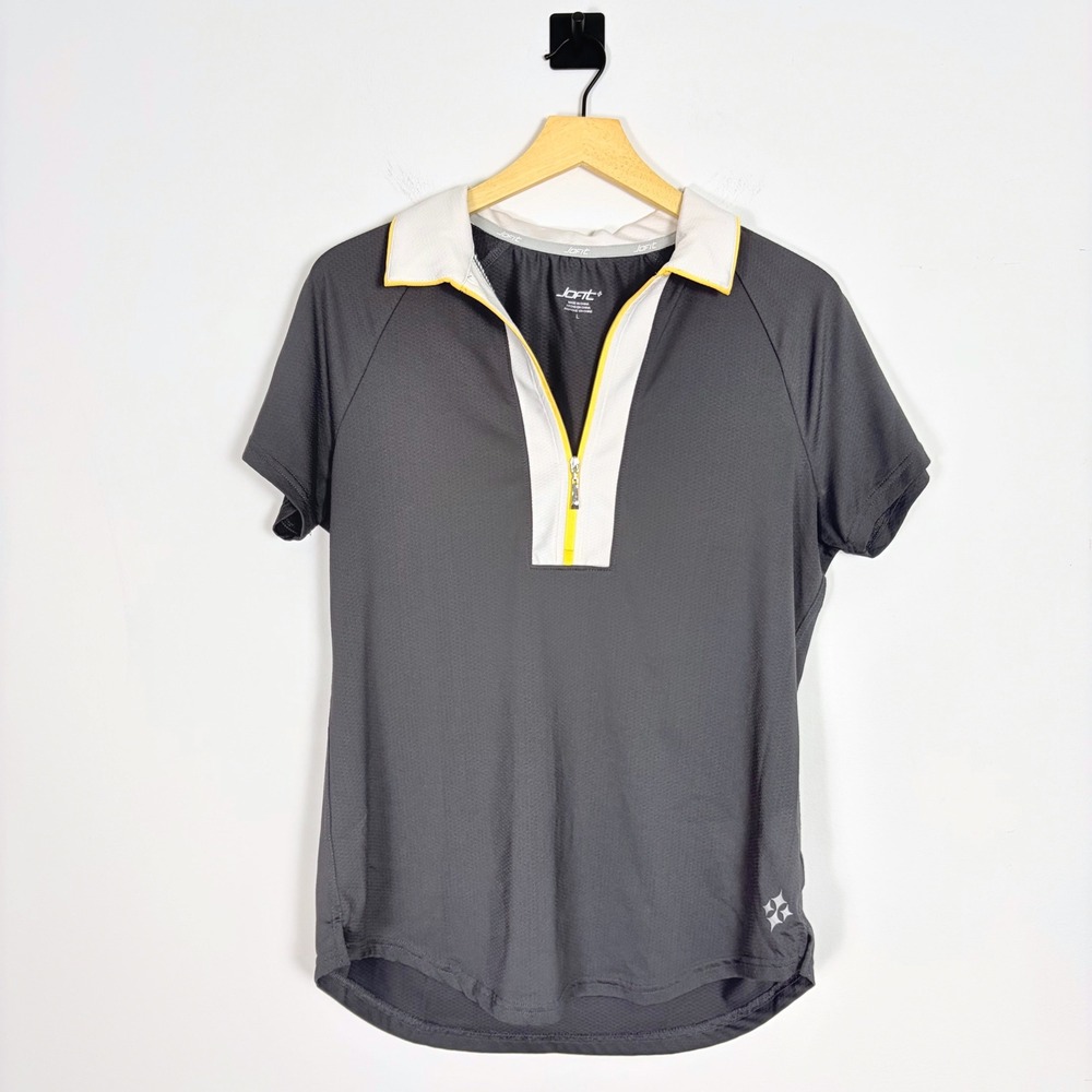 JOFIT‎ 1/4 Zip Golf Shirt Polo Performance Size Large Gray Orange Active Preppy
